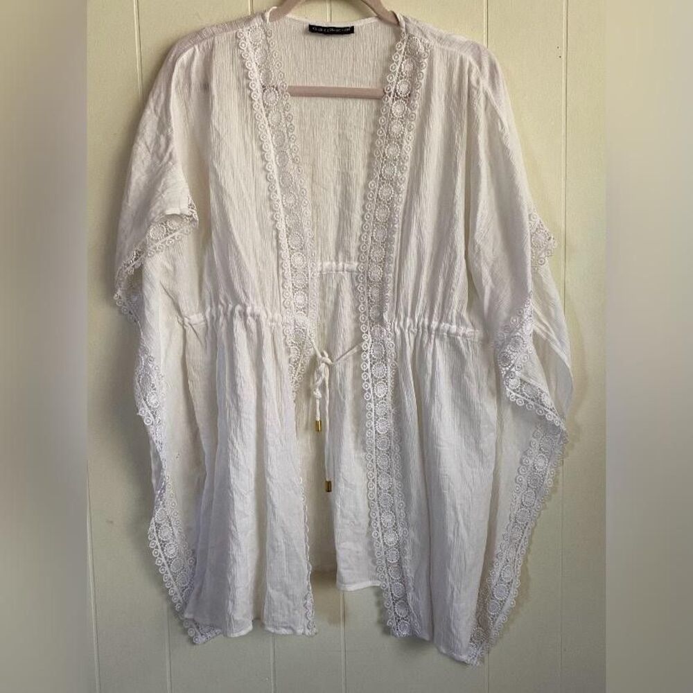 Club Z Collection Cover Up Womens One Size White Lace Trim Drawstring Beach
